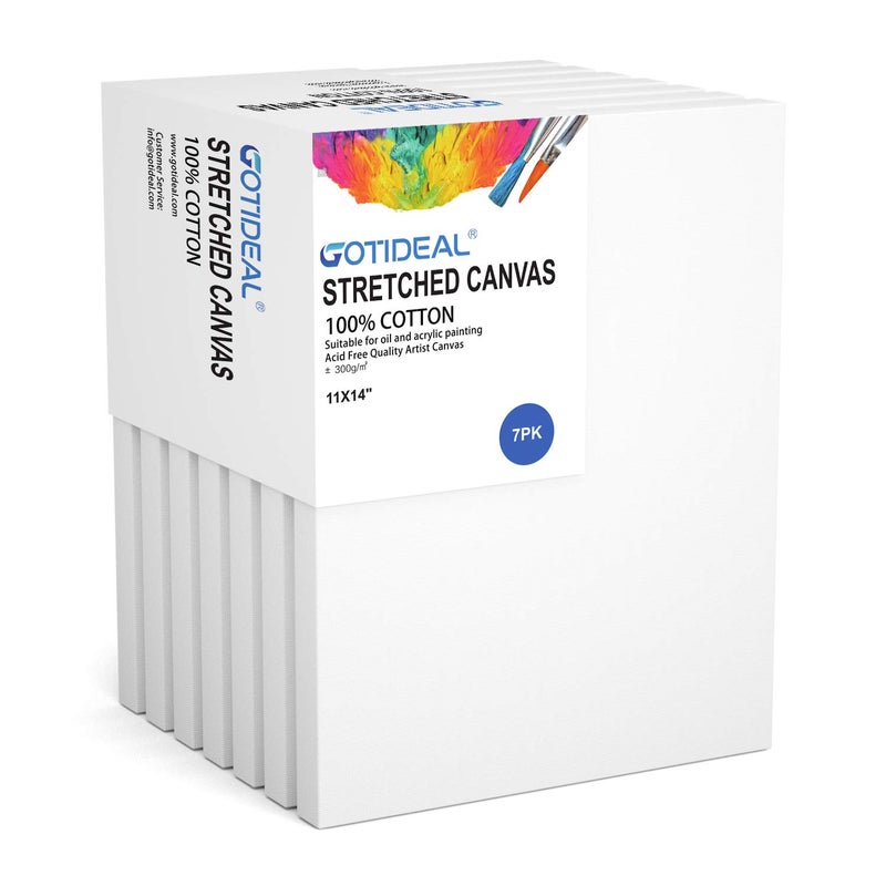 GOTIDEAL Stretched Canvas, 11x14 Inch Set of 7, Primed White - 100% Cotton Artist Canvas Boards for Painting, Acrylic Pouring, Oil Paint Dry & Wet Art Media - Image 1